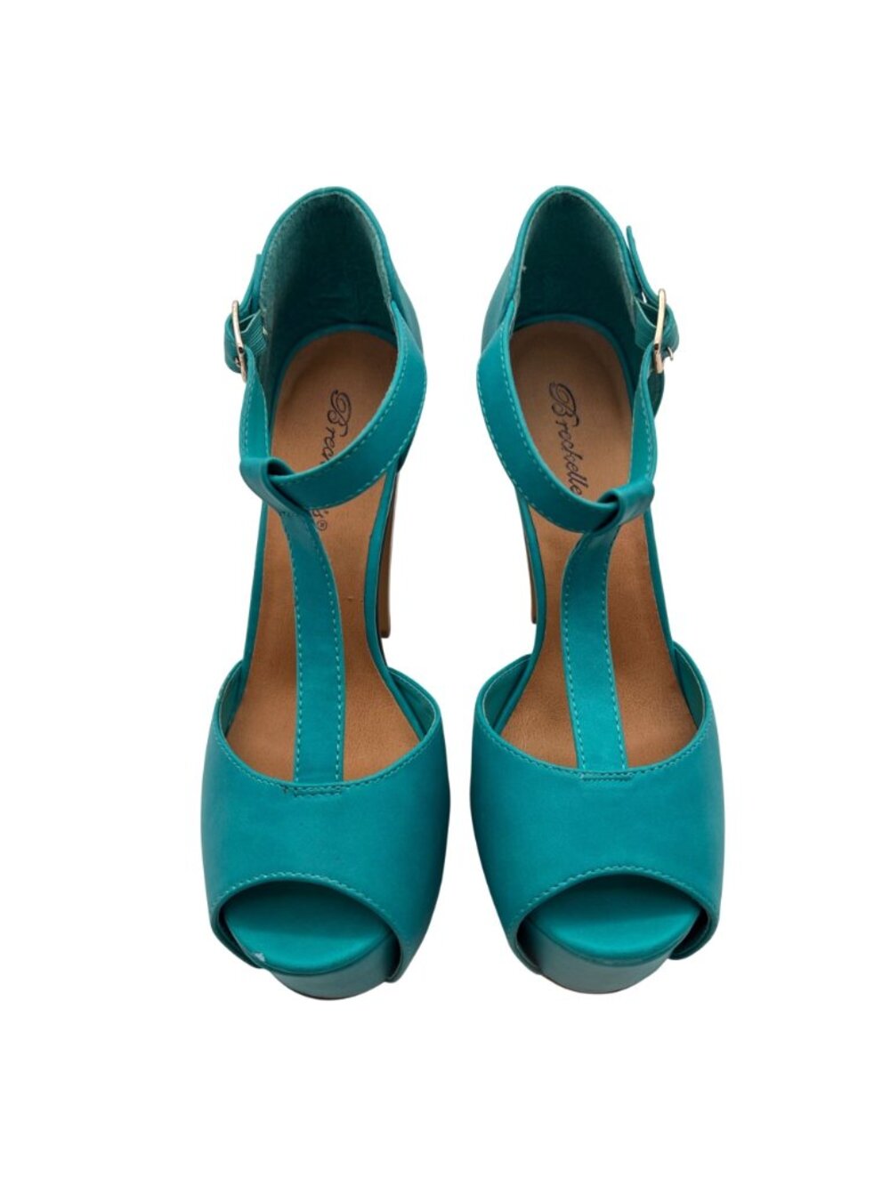Breckelles Brina 21 Turquoise Platform Peep Toe Heels Womens Size 9 Buckle Strap - Picture 5 of 16